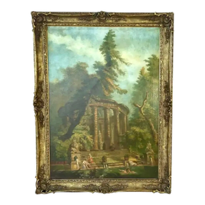 "The Bathing Pool" After Hubert Robert, Oil on Canvas Painting, Framed