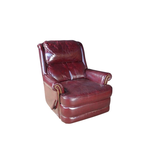 Vintage 1975 Lane Furniture / Action Industries burgundy top grain leather reclining chair featuring padded headrest,...