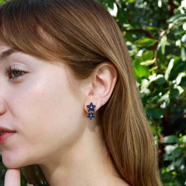 Contemporary Nina Zhou 4.92ctw Blue Sapphire & Diamond Double Blossom Drop Earrings For Sale - Image 3 of 7