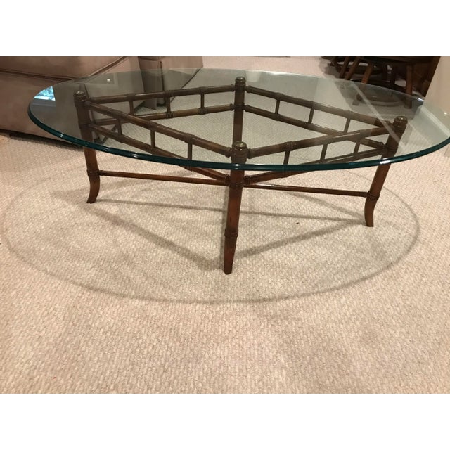 1970s Maitland Smith Style Faux Bamboo and Glass Oval Coffee Table For Sale - Image 4 of 6