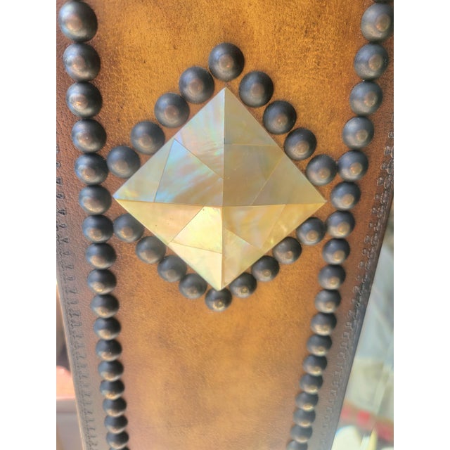 ​vintage Grand Scale Studded Leather and Mother-of-Pearl Inset Wall Mirror For Sale - Image 12 of 12