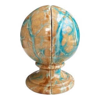 Pink and Blue Marbled Alabaster Stone Globe Bookends - Italy For Sale