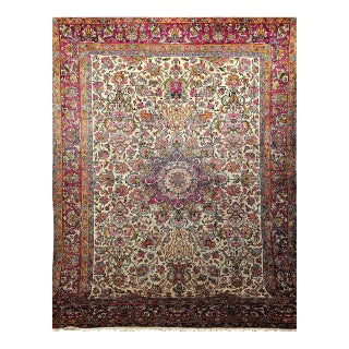 Antique Kerman Lavar Rug, Hand-Knotted Wool, Floral Pattern, Ivory & Crimson, 9x12 For Sale