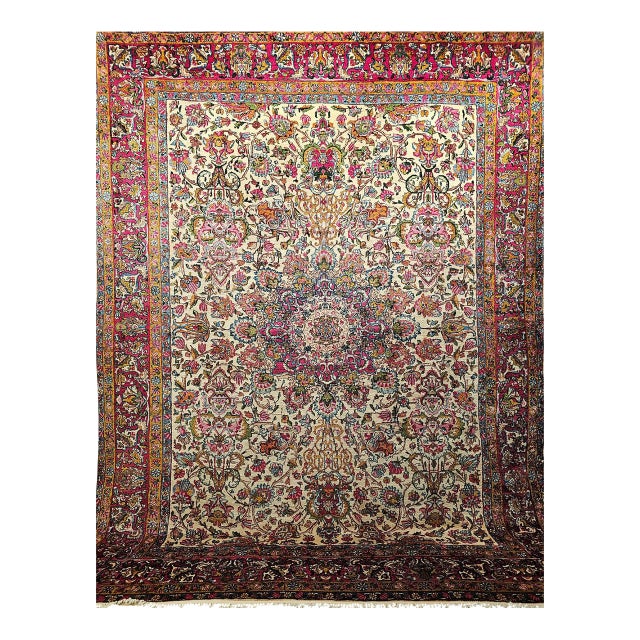 Antique Persian Kerman Lavar Rug, Hand-Knotted Wool, Floral Pattern, Ivory & Crimson, 9x12 For Sale