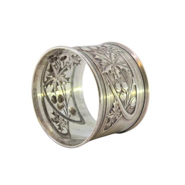 Silver Silver Napkin Ring with Raised Floral Motifs Surrounding a Monogram Card. For Sale - Image 8 of 8