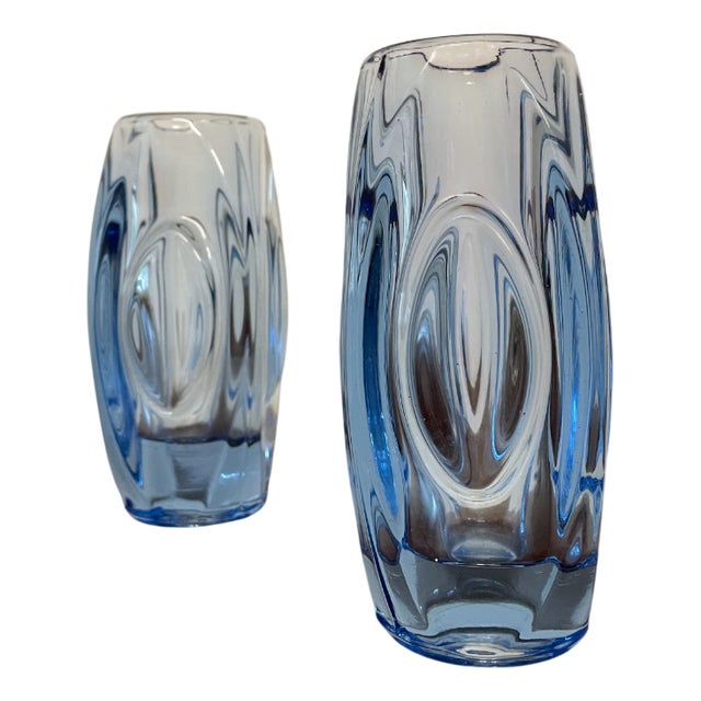 Mid-Century Czech Blue Glass Vases attributed to Rudolf Schrötter for Rosice, 1960s, Set of 2 For Sale