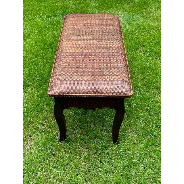 Wooden Bench, With a Cushioned, Rattan-Woven Seat, Curved Legs, Late 20th Century, Bohemian/Coastal Styles For Sale - Image 4 of 11