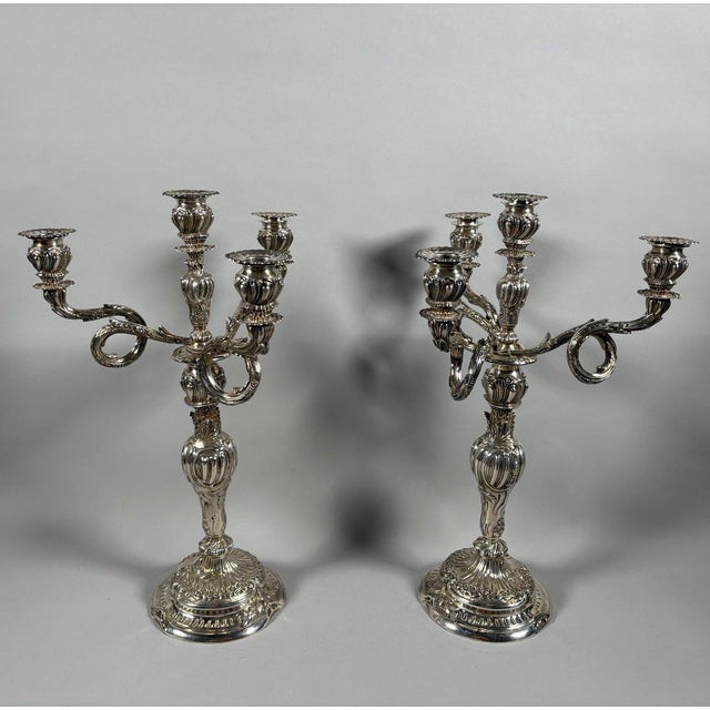 French Pair of Rococo Candelabra in Solid Silver 950, Louis XV Style, 18th Century For Sale - Image 3 of 11