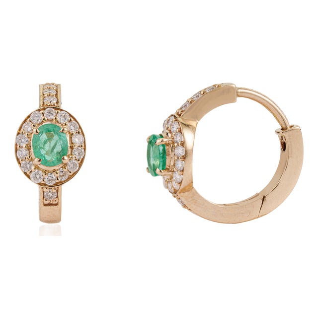 14k Yellow Gold Oval Natural Emerald Diamond Halo Hoop Earrings- 2 Pieces For Sale