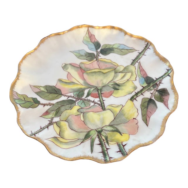 Antique Limoges Hand Painted Rose Plate With Rose Petal Rim For Sale