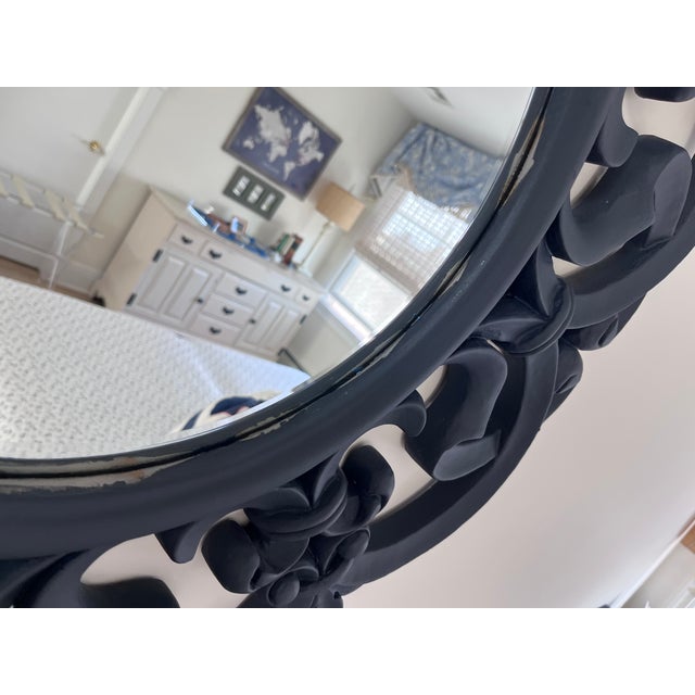 Round Navy Painted Mirror With Open Swirl Cutouts For Sale - Image 4 of 9