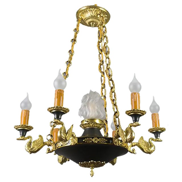 French Empire Style Bronze, Brass and Glass Chandelier, 1920s For Sale