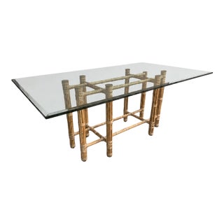 Late 20th Century McGuire Attributed Bamboo Rattan Glass Dining Table | Rectangular 72” Dining Table For Sale