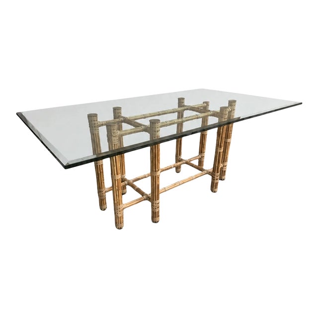 Late 20th Century McGuire Attributed Bamboo Rattan Glass Dining Table | Rectangular 72” Dining Table For Sale