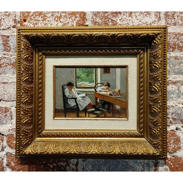 Alexi Stepanov -Children doing Homework by the Window-Oil painting c.1910s Russian Impressionist -Oil painting on board...