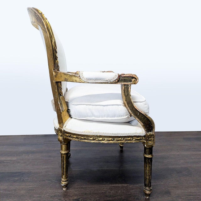 Traditional Vintage White Upholstered Lounge Chair With Ornate Gold Wooden Frame For Sale - Image 3 of 16