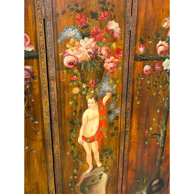 Antique Rococo French Three-Fold Hand-Painted Wood Romantic Cherub and Floral Room Divider, 1890s For Sale - Image 13 of 18