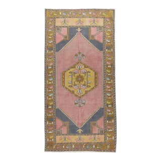 Vintage Anatolian Geometric Medallion Rug - Handwoven Turkish Pink & Mustard Vintage Rug -3' X 6' For Sale