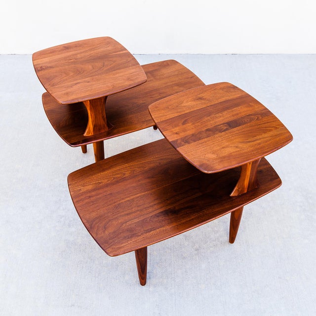 Restored Mid Century Modern Solid Walnut Sculptural Step Tables For Sale - Image 11 of 12