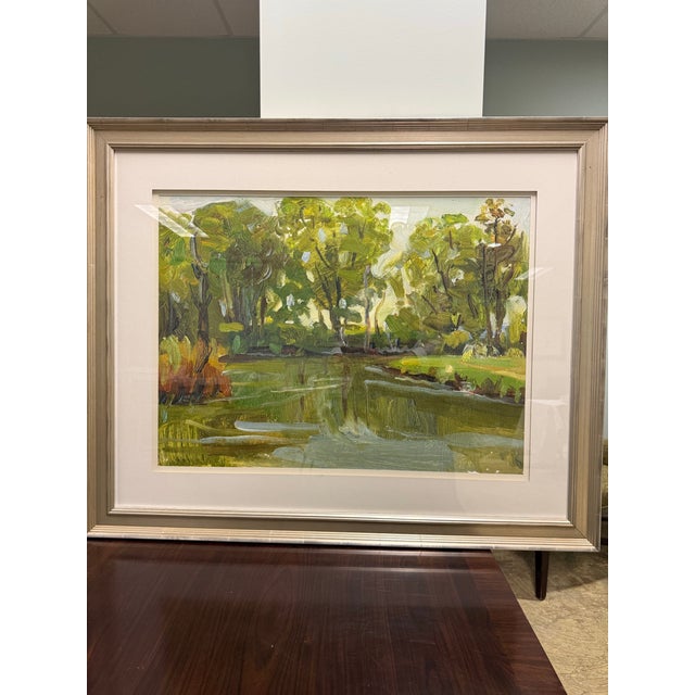 Impressionist Large Custom Framed Impressionist Landscape "Pond Reflecting" by Design Works Studio For Sale - Image 3 of 4