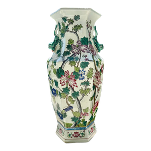 19th Century Chinese Qing Dynasty Famille Rose Hexagonal Vase With Handles