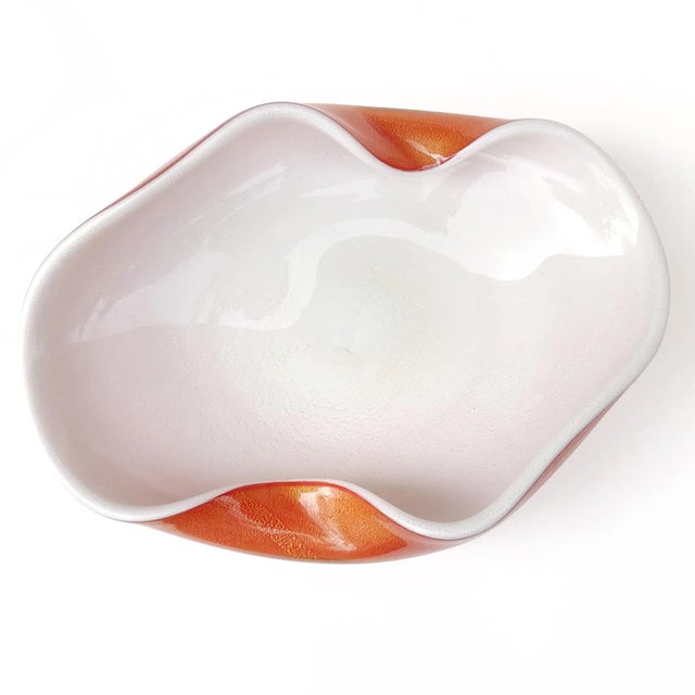 Mid-Century Modern Vintage Murano Barbini Persimmon Orange White Gold Flecks Italian Art Glass Centerpiece Fruit Bowl For Sale - Image 3 of 12
