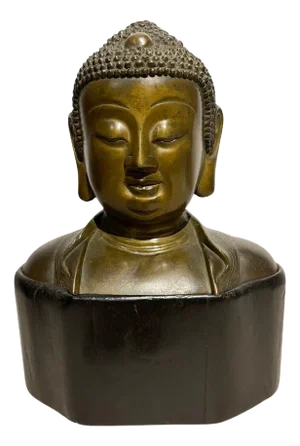 19th Century Bronze Bust of Buddha on a Wooden Base