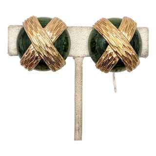 Vintage Signed Napier Round Domed Green X Clip Earrings, 1974 For Sale