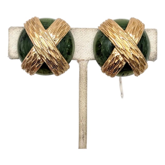 Vintage Signed Napier Round Domed Green X Clip Earrings, 1974 For Sale