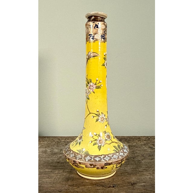 Japanese Antique Meiji Period Japanese Satsuma Ceramic Vase With Yellow Ground and Bird Decoration For Sale - Image 3 of 10