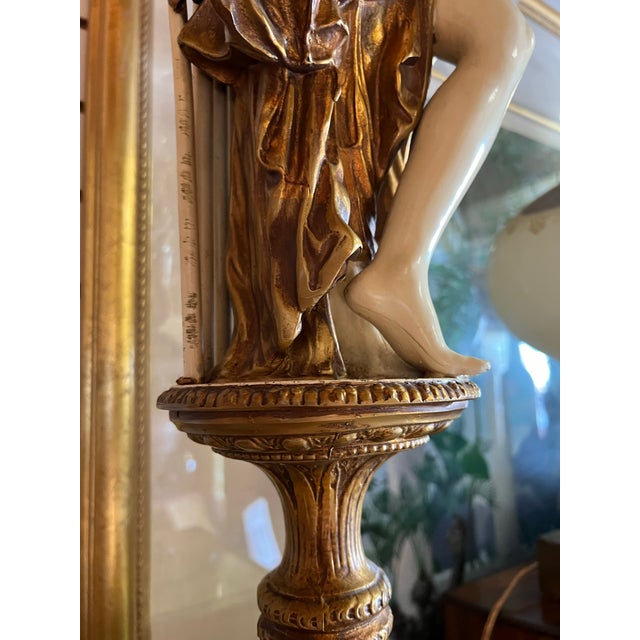 Mid 20th Century Vintage Spelter Female Figure Lamp With 4 Glass Ruffled Shades For Sale - Image 5 of 11