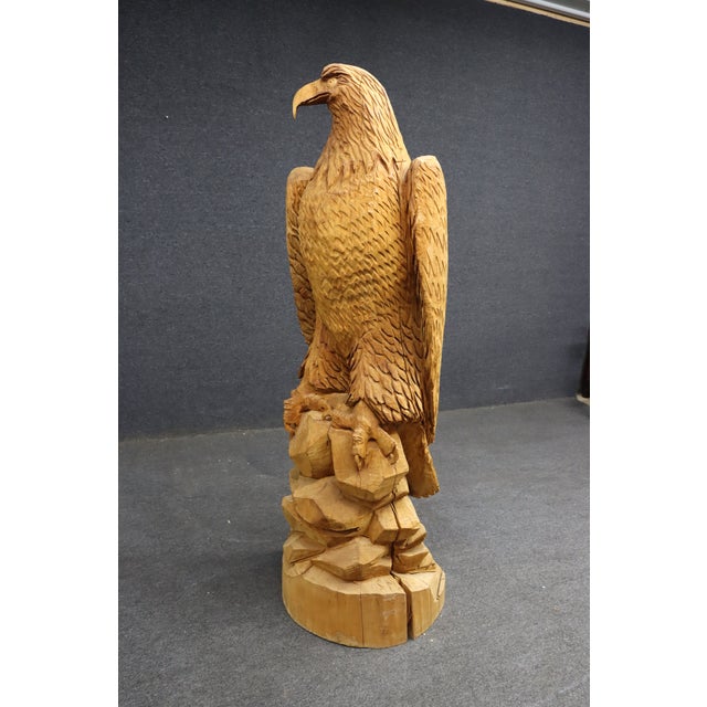 Large Hand-Carved Pine Bald Eagle Sculpture on Saw-Cut Base For Sale - Image 13 of 13