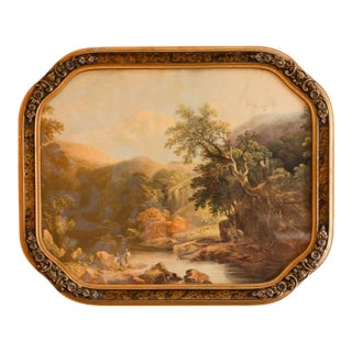 Antique Romantic River Landscape Print in Canted Floral Frame For Sale