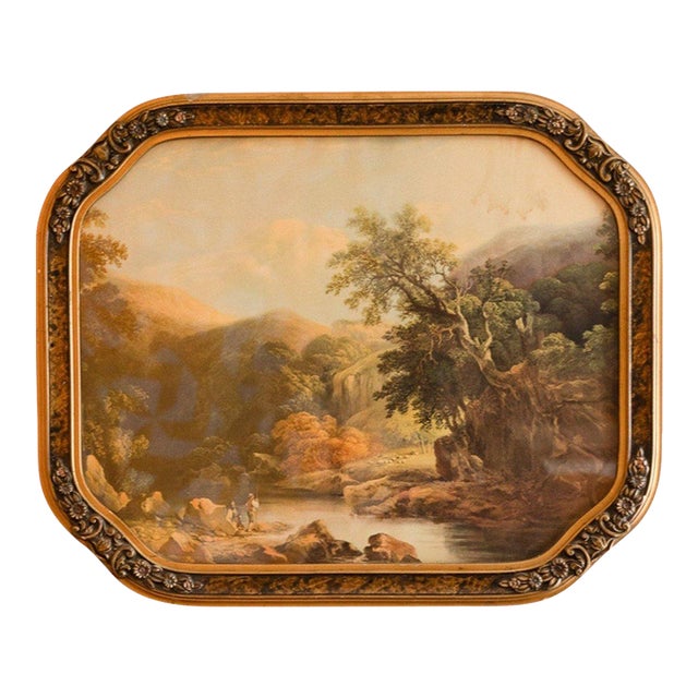 Antique Romantic River Landscape Print in Canted Floral Frame For Sale
