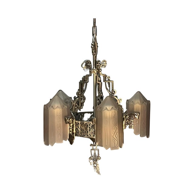 Art Deco Lincoln "Venetian" Slip Shade Chandelier, Tall Ceiling Version, Ca 1931, #2319chgand For Sale - Image 3 of 13
