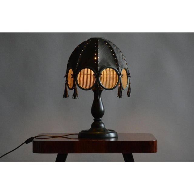 1970s Mid-Century Czech Table Lamp in Stained Beech and Leather, 1970s For Sale - Image 5 of 11