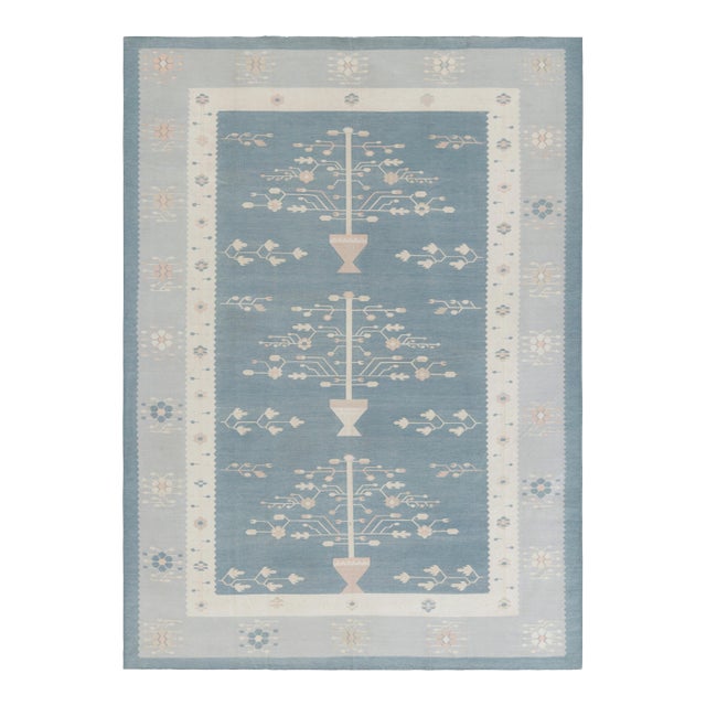 Rug & Kilim’s Contemporary Dhurrie Rug, Ice Blue With White Floral Medallions For Sale
