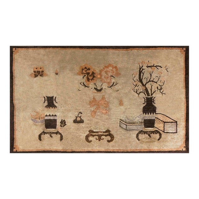 Pretty Camel Background With Figurative-Floral Pattern Antique Chinese Baotou Scholars Rug For Sale