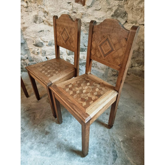 Early Art Deco Walnut Dining Chairs with Geometric Inlay, 1930, Set of 4 For Sale - Image 6 of 15