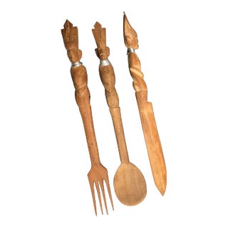 Mid Century Tribal Hand Carved Wooden Serving Utensils- Set of 3 For Sale