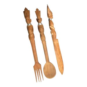 Mid Century Tribal Hand Carved Wooden Serving Utensils- Set of 3