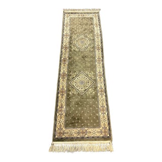 2ft 1.5in X 7ft 2in Vintage Silk Green + Burgundy Area Runner For Sale