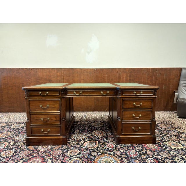 English Partner Desk in Teak and Leather For Sale - Image 3 of 18