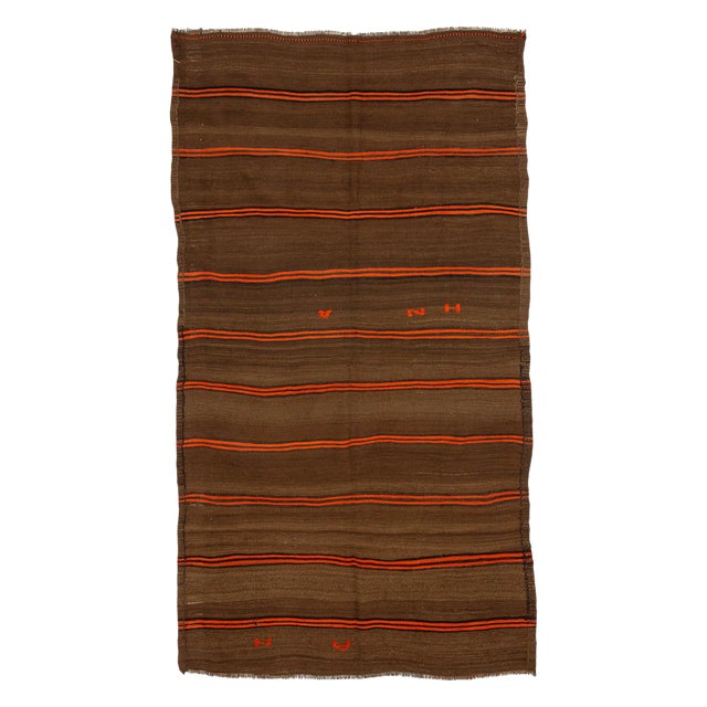 1960s Vintage Brown & Orange Striped Kilim Rug- 5′2″ × 9′10″ For Sale