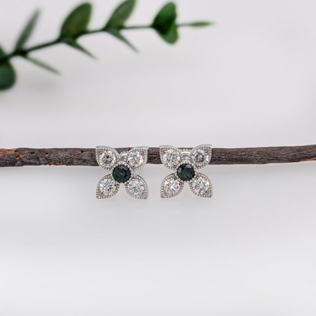 Art Deco Floral Alexandrite Earrings W Natural Diamond Accents in Solid 14k White Gold, A Pair For Sale - Image 3 of 5