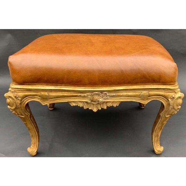 Italian Pair of Italian Gilt-Wood Benches With Brown Leather Upholstery, 20th Century. For Sale - Image 3 of 9