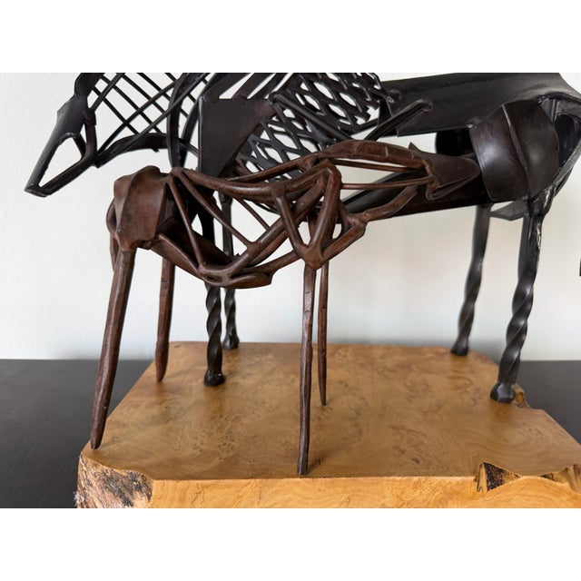 Vintage Brutalist Abstract Mare & Foal Metal Sculpture on Burl Wood Base For Sale - Image 13 of 16