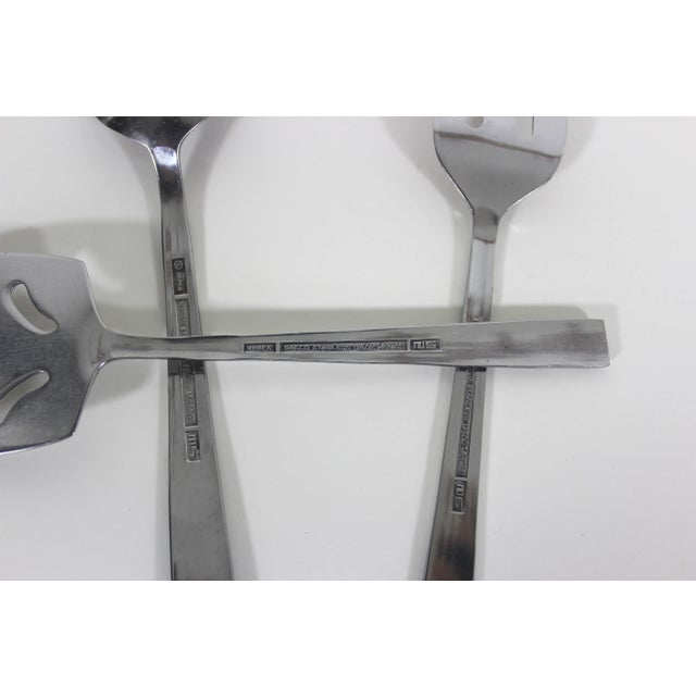 1960s Mid Century Modern Stainless Serving Set Spoon, Fork, Lifter, Set of Three Aztec Scroll For Sale - Image 9 of 10