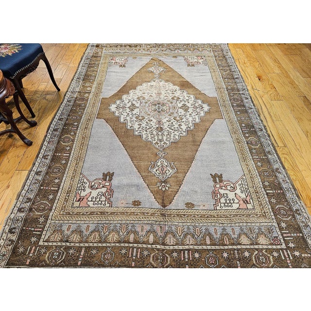 Textile Vintage Turkish Oushak Rug, Hand-Knotted, Geometric Design, Pale Blue, 7' x 10' For Sale - Image 7 of 16