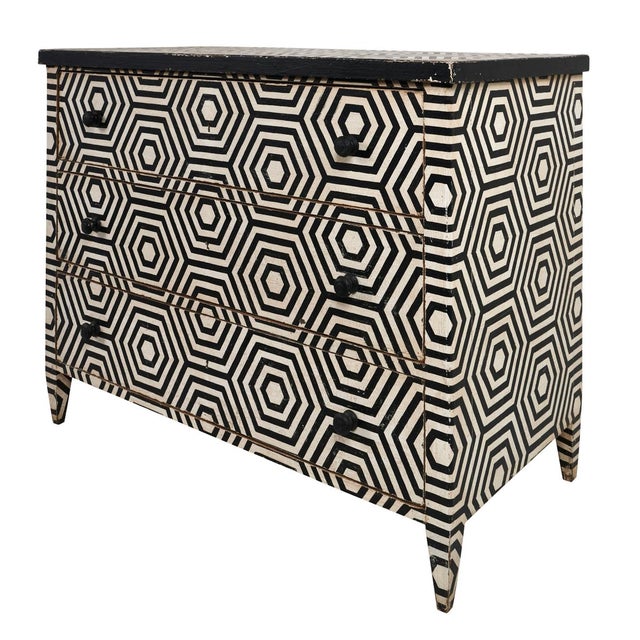 Modern 18th Century Schumacher French Painted Dressers with 1950s Black & White Geometric Design - A Pair For Sale - Image 3 of 6